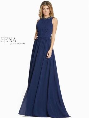 Ieena For Mac Duggal 55147 Navy Beaded Jewel-Neck Maxi Gown Size 6
